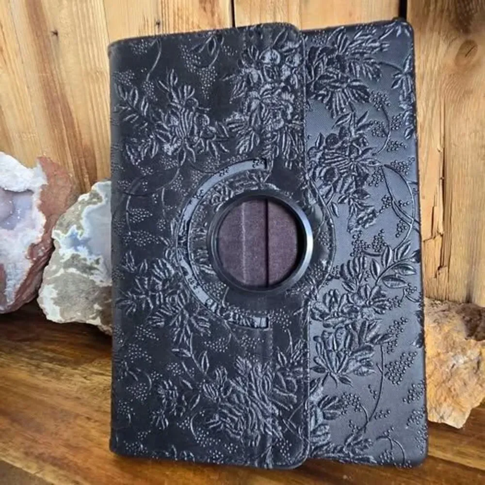 Apple iPad 360° Rotating Folio Case Black Floral Embossed Cover Read Description